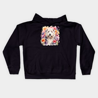 An old english sheepdog decorated with beautiful watercolor flowers Kids Hoodie